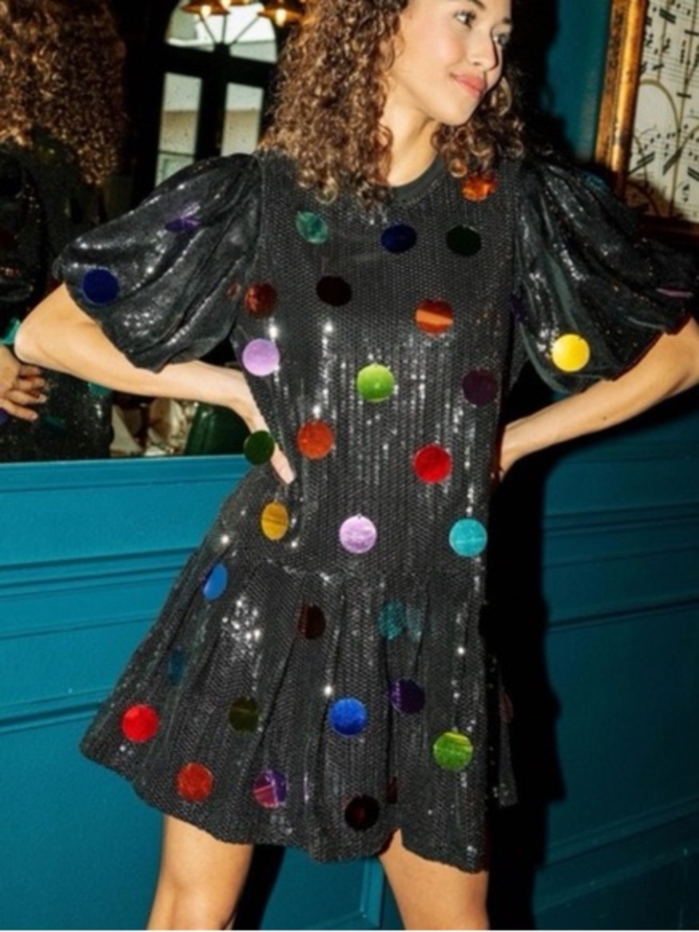 Queen of Sparkles Black Sequin Poof Sleeve Rainbow Pailette Dress size M